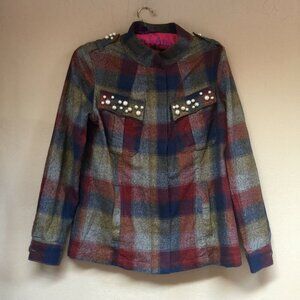Cabi #3555 Womens Multicolor Plaid Zip-Up College Jacket Small Pearl Accent